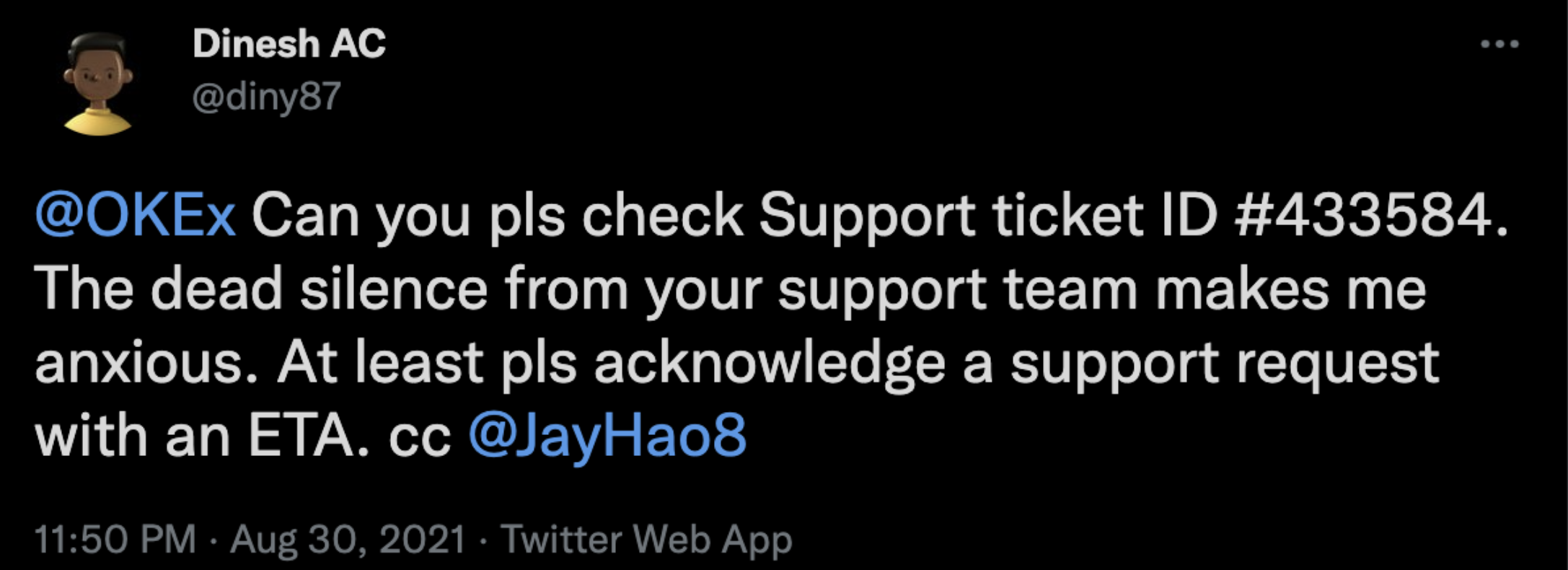 Screenshot of a tweet referencing a support ticket